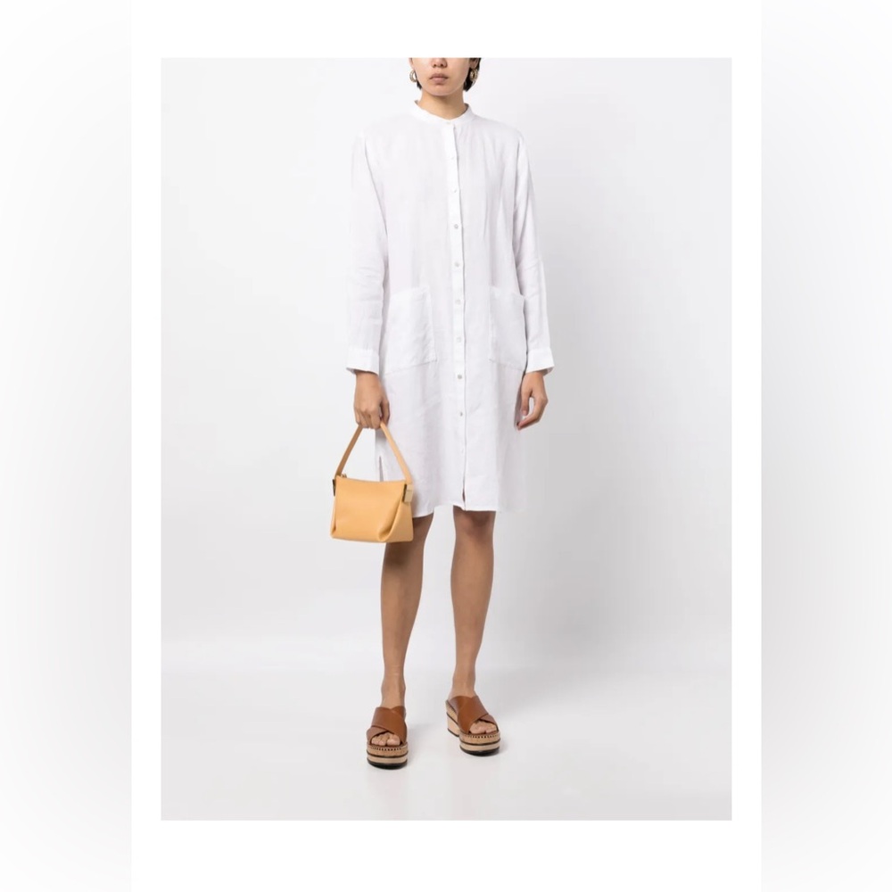 White Button-Up Dress with Tan Handbag